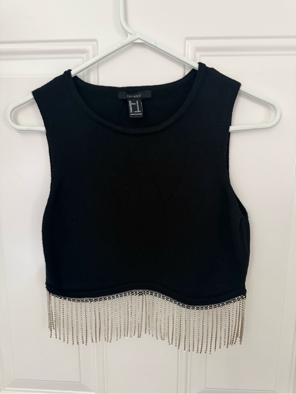 Forever 21 Black Cropped Tank with Silver rhinestone Fringe